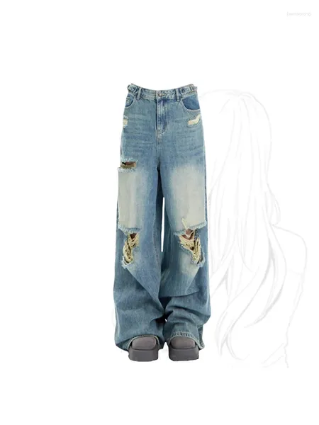 Frauen Jeans Frauen Y2K Wide Leghose Vintage Baggy High Taille Straight Russped Korean Hip Hop Blue Denim Hosen Streetwear 2024