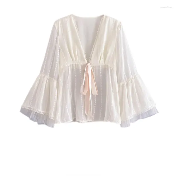 Blouses feminina Blusa de chiffon branca de verão para mulheres de manga cheia FLOR FLOR FLOR FBONC Tops femininos finos finos e elegantes chiques e elegantes