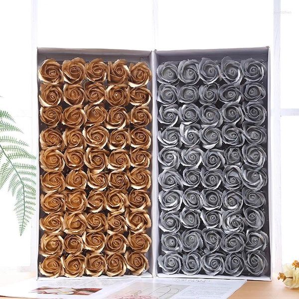 Flores decorativas 50pcs Golden Rose Soop Flor Head Roses Artificial Rosas Diy Caixa de presente Caixa de presente Decoração do dia dos namorados buquê