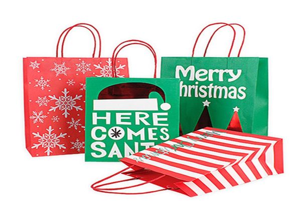 Papel de Natal Bolsa de presente com alça Red Green Kraft Paper Bags Stripe Snowflake Print Xmas Gol
