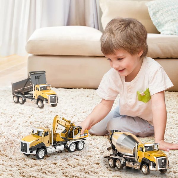 3 pacchetto di veicoli da costruzione ingegneristica di Diecast Dump Digger Mixer Truck 150 Modello in metallo Modello di tiro Back Auto Giochi per bambini 240409