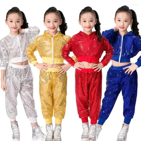 Roupas conjuntos de 2pcs crianças garotas lantejacas calças conjuntos de jazz costura de jazz capuz de capuz hip hop pica
