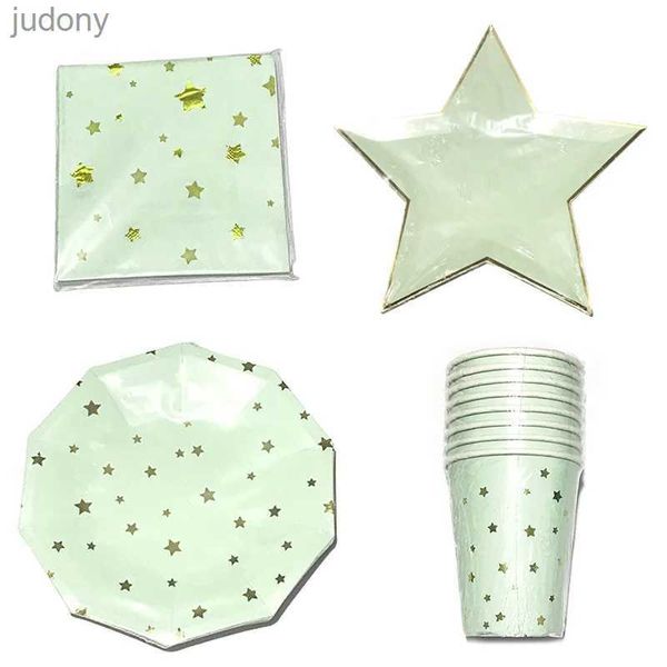 Tek kullanımlık plastik sofra takımı altın folyo yıldız düğün parti malzemeleri sofra seti hafif nane yeşil karton fincan yastık bebek duş ve banyo dekorasyonu wx