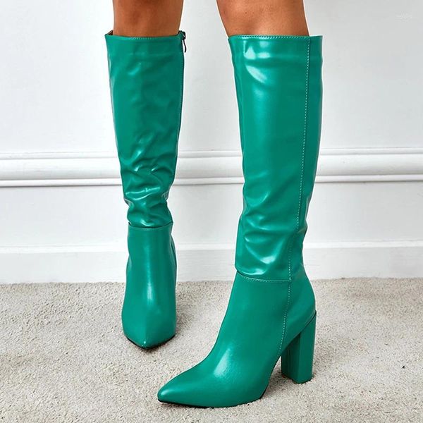 Stiefel 2024 Fashion Green Speced Toe Zip Knie-hohe Frauen Herumn Winterquadratpumpen Pumpen Motorradschuhe Größe 35-42