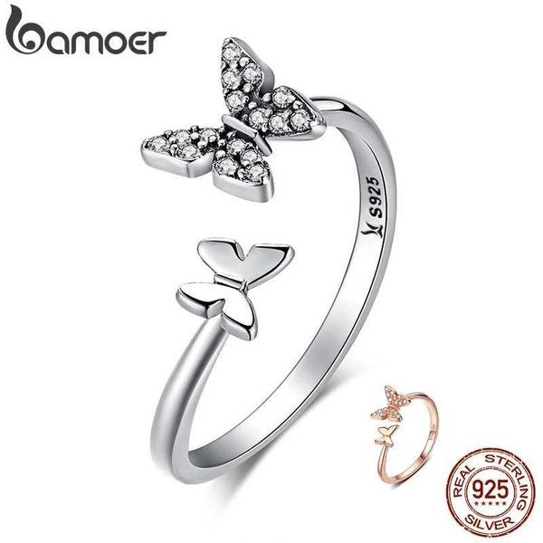 Anéis de banda Bamoer Hot Selling 925 Sterling Silver Dazzling CZ Butterfly Ring Open Womens Fashion Jewelry Gift SCR087 Q240429