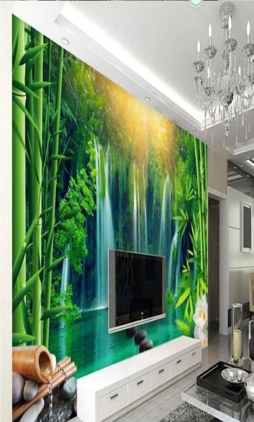 Sfondo per murali in 3D per soggiorno semplice e fresco Scenerio TV a cascata di foreste di bambù Wall5294809