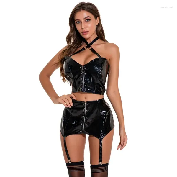 Bras Set Set Leke Two Piece Set Top Top Spaghetti Strap и мини -юбка с Zipper Sexy 2 Exotic Apparel Garter Club одежда