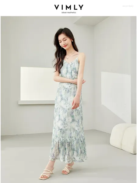 Abiti casual vimly Chiffon Floral Long Dress for Woman 2024 Spring Summer Vaxing Sundition Elastic Waist Waist Cinghia Maxi M6188