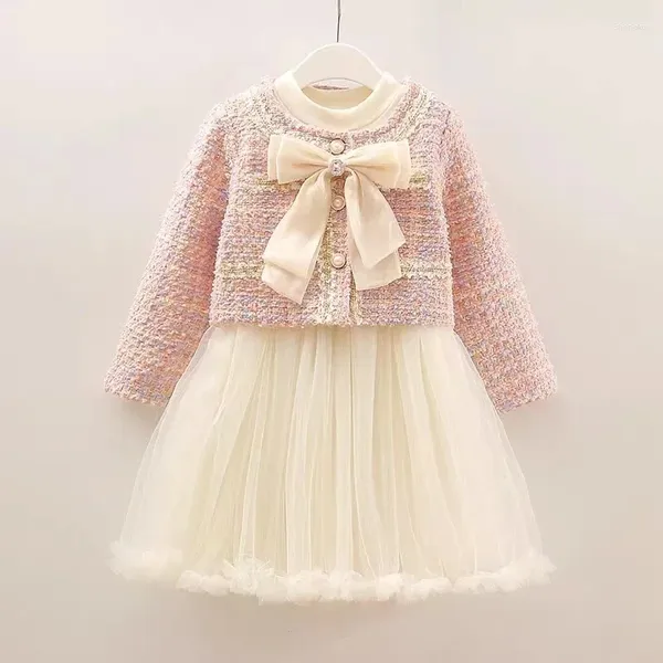Kleidungssets Mode Mädchen elegantes kariertes Set Herbst Woll Bow Copp Mantel-Prinzessin Kleid 2pcs Toddle Kinder Oberbekleidung Baby Kleidung 1-10y