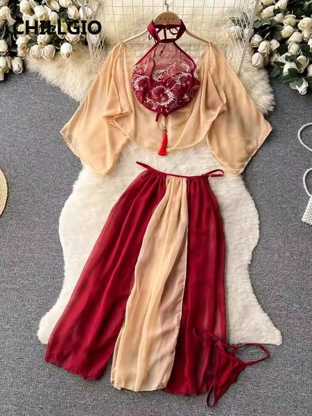 Chillgio Frauen exotische transparente Netzrock -Anzüge Mode Vintage Nachtwäsche Hanfu 4 Stück Stickerei Druck intimer Pyjamas Set 240419