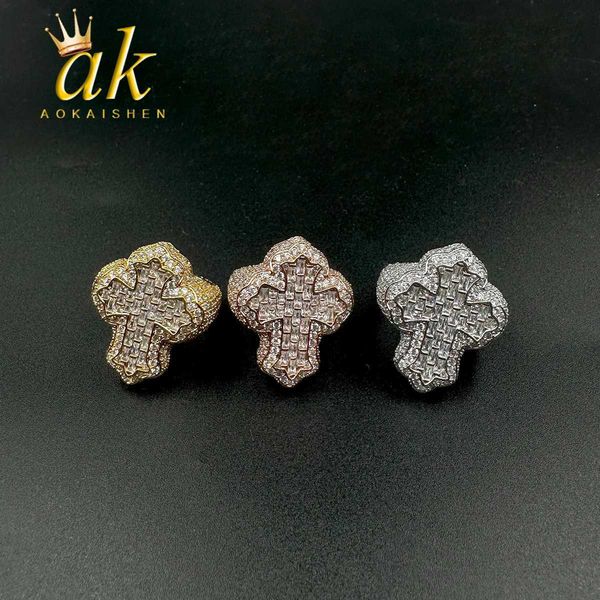 Bandringe Aokaishen Cross Finger Ring aus AAAA Zircon Fork Set Mode Luxus Herren Hip Hop Schmuckgeschenke Q240429