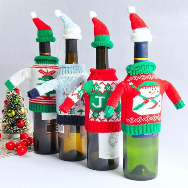 Decorações de Natal Chapa de capa de capa de garrafa de vinho Banta de Papai Noel Chapéus de tricô para o ano de Natal Decoração de jantar em casa