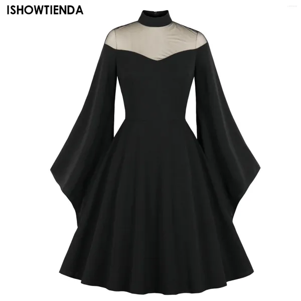 Vestidos casuais Mulheres Halloween Party Color Manga longa Retro Dress BodyCon Granadina Gótica Goth Lolita Y2K Mini Vintage