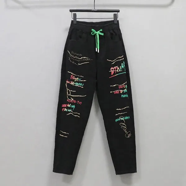 Frauen Jeans Jeans Denim Personalisierte Graffiti gestickt Harem Hosen Frauen Frühling und Sommer 2024 Elastische Taille Lose lässig Slim