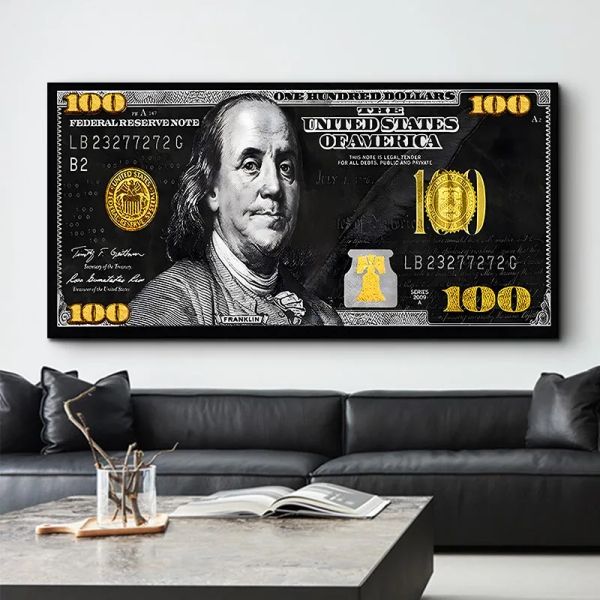 Gold 100 Dollar Bill Leinwand Kunst schwarzes weißes Print Poster Geld Leinwand Malerei Wandkunst Wohnkultur Bilder Mural Frameless