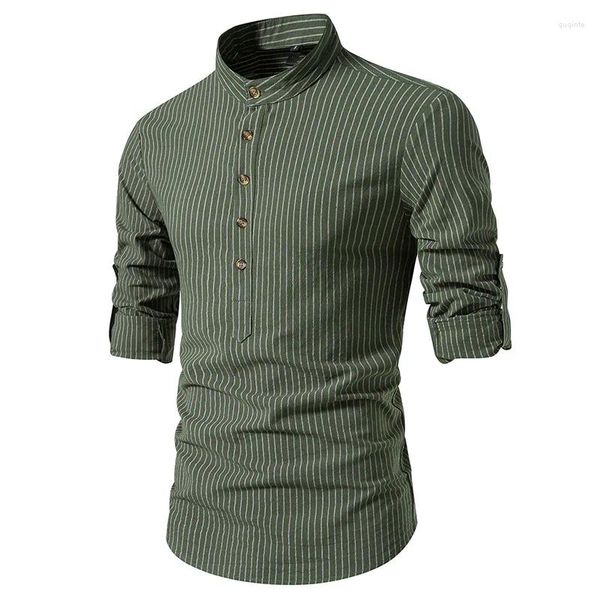 Herren lässige Hemden 2024 Herren Grün gestreifte Henley Long Sleeve Slim Fit Cotton Business Button Down Band Kragen Tops Hombre