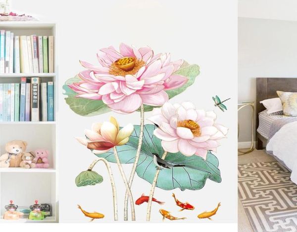 Настенные наклейки 3d розовый лотос подростковый декор спальня спальня живой украшение искусство Diy роспись китайский стиль цветы стенки5763479