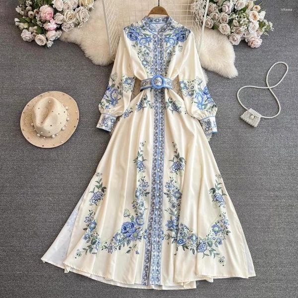 Vestidos casuais Autumn Holiday Holiday Blue Flower Dress Women's Stand Collar Slave Longa Floral Print Lace Up Belt Party Robe Slim Vestidos 2364