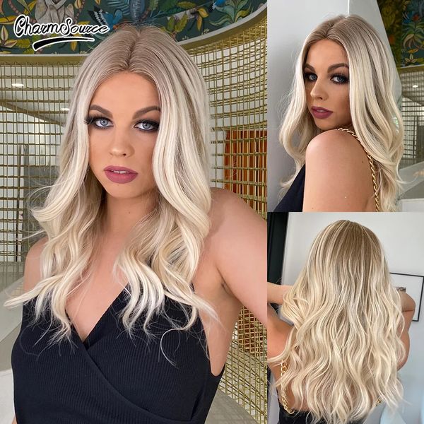 Charmsource Spitzenfront Perücke weiße blonde synthetische Perücken lange natürliche Wellenwelligkeit für weiße schwarze Frauen tägliche Party Hochzeitshaare 240416