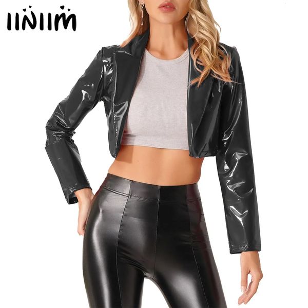 Moda de moda feminina Black Red Motorcycle Jacket Wet Look Festival Music Clubwear