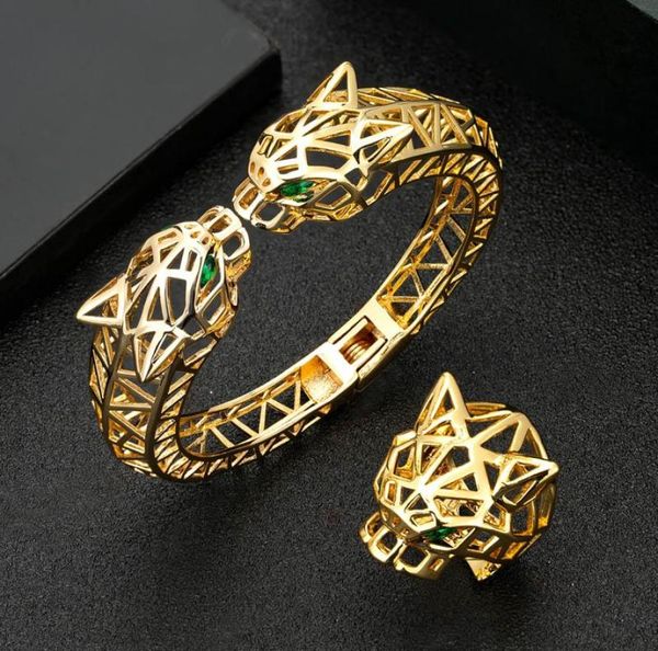 Ohrringe Halskette ZlxGirl Schmuck Big Leopard Head Form Frauen und Männer Armreifen mit Ring Set High Dubai Gold Armband Anel Bijoux9278386