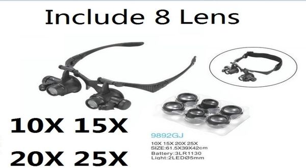 Vergrößerungsglas 10x 15x 20x 25x Eye Jewelry Watch Reparatur -Lupe mit 2 LED -Leuchten und 8 Lens New Loupe Microskop2601110