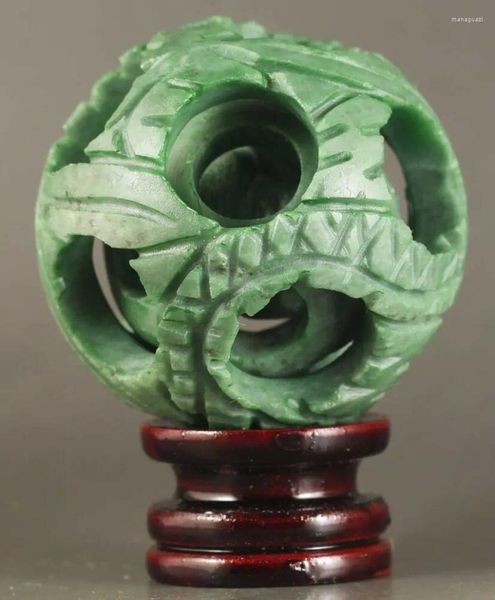 Estatuetas decorativas bola de jade natural chinesa escavada escavação escavada estátua intrigante