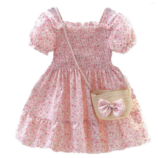 Mädchenkleider Zdhoor Kids Girls Girls Sommerkleid Blumendruck Kurzblasenhülle Klockierte Rüschen-A-Linie mit Stroh Umhängetasche