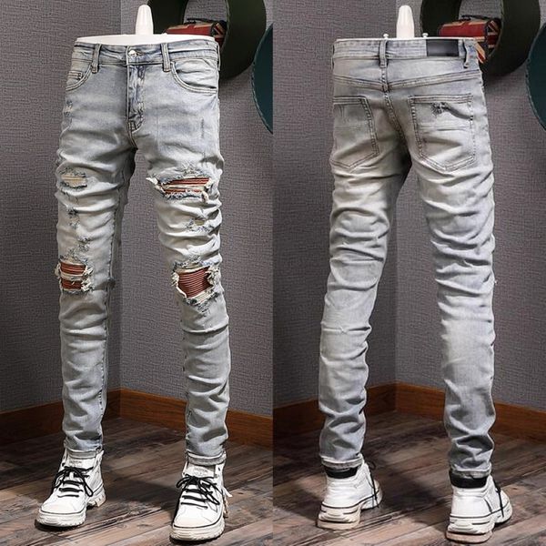 Patch Stretch Jeans Mann Baumwoll Cowboyhose RIP Effect Slim Fit Beinschaden Denim 238t