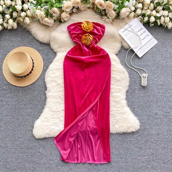 Lässige Kleider dreidimensionale Blumenpartykleid für Frauen High-End-Nische weibliche weibliche schlanke Midi Velvet Elegant trägerlos