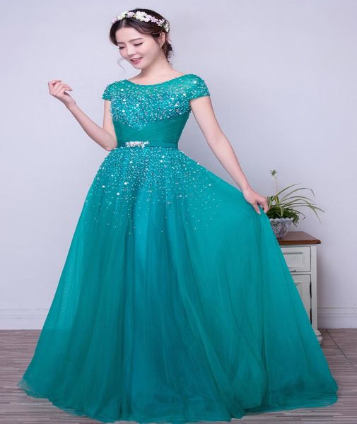 Tulle turchese aline abiti da ballo modesti lunghi con maniche corte cristalli di perline di cristalli eleganti abiti da donna formali da festa vera personalizzato 6825008