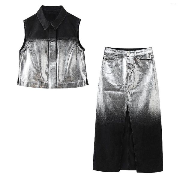Vestidos de trabalho Metal Foil Denim Vest Casual Slit Skirt Trendência da moda feminina Spring e Autumn Set.Roupas de estilo de rua