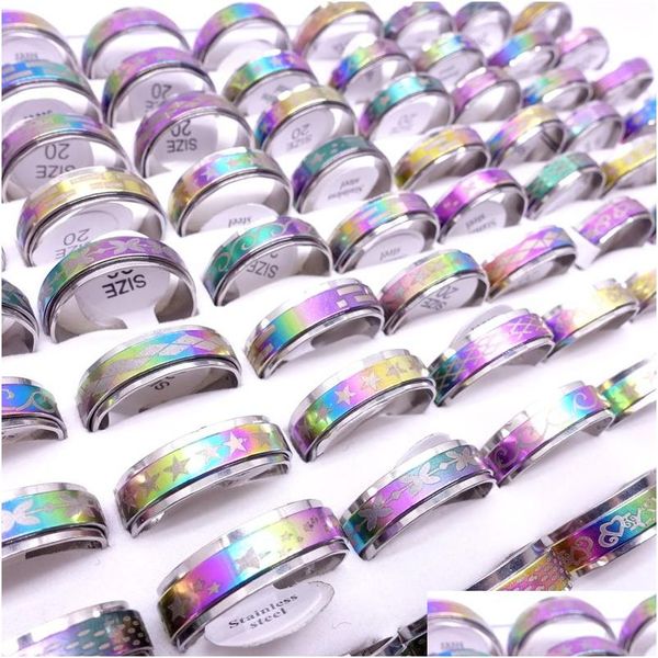 Anéis de banda Wholesae 100pcs/lote de aço inoxidável rotação rotativa Mticolor Laser Mix Padrões de jóias de moda Spinner Party Gream