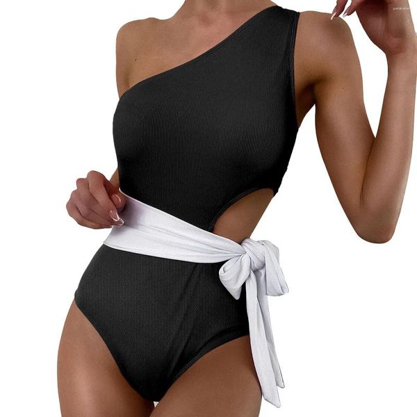 Frauen Badebekleidung Brustpolster ohne Stahlunterstützung Farbe blockieren Einzelschulter sexy Stripe Jumpsuit Haarwachs Entfernung für Frauen Bikini