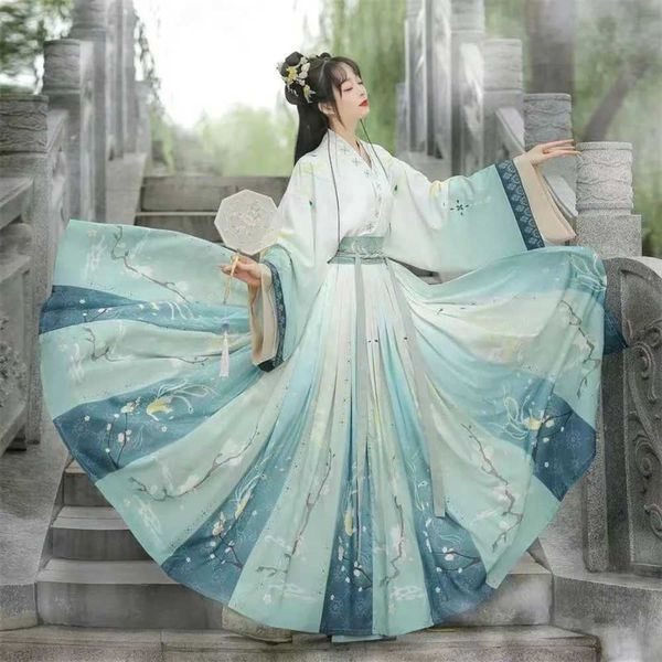 Roupas étnicas mulheres hanfu chinês tradição antiga gradação de casamento vestido azul ano novo