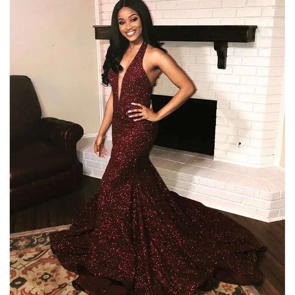 Bury Black Girls Mermaid Prom Dress Long Deep V Sex Sexy Sexy Sexien Sequined Backless Court Train Официальные вечерние платья vestidos de noche 0430