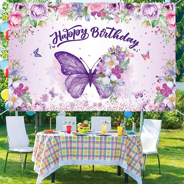 Decorazione per feste Purple Butterfly Birthday Decorations Decorazioni PO Booth Sfondo Ceso Baby Shower Girl Banding Fand
