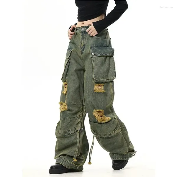 Женские джинсы грузовые карманные женщины Green Vintage Fashion Y2K Streetwear Широкая джинсовая гранж эстетическая брюк 2024 Бэкги Джинсовая Панты Плюс размер