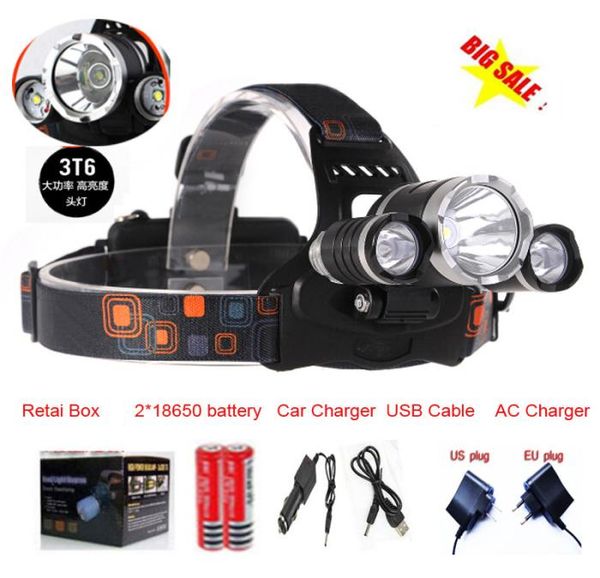 Frete grátis 2016 Nova chegada 3x T6 LED 5000LM 3T6 Luz de cabeça de farol recarregável + Bateria + carregador + carregador de carro + USB CAB5573610