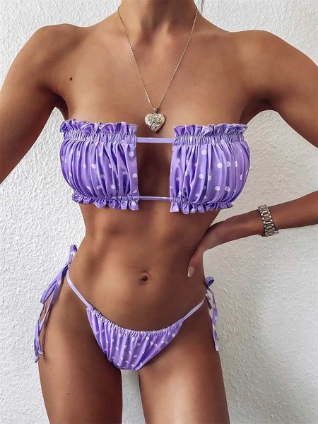 Menas de banho femininas elegantes gorda roxa mulher fora do ombro Plaate de biquíni Hollow Out Lace Up Push Up Bathing Suit de maiô de calcinha Baadorores 2022 Y240429