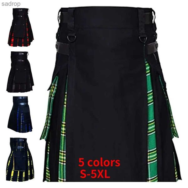 Röcke Mens Plus Size Scottish gemischte schwarze Baumwolle und Tatar -Utilitätstasche mit Lederband XW