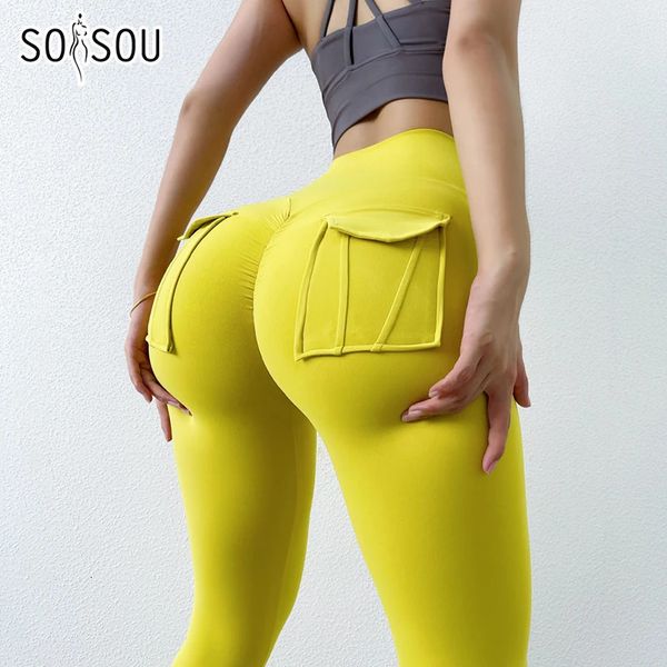 SoiSou Nylon Leggings Damenhosen Sport Yoga sexy enge Hochtaille Elastizität Pocket Tasche Legging Mujer 240426