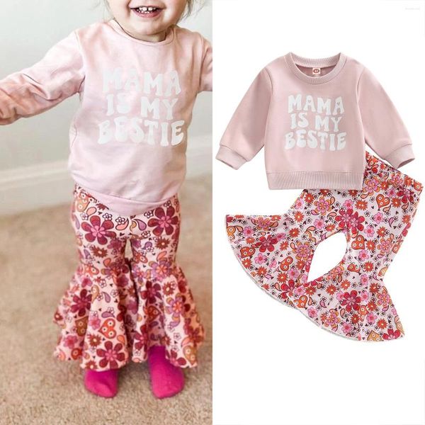 Roupas Conjuntos de 0 a 4 anos Criança de meninas garotas Roupas de crianças caem de duas peças Letras fofas Moleteiras de manga longa amam o coração/impressão floral