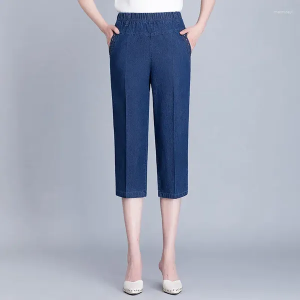 Женские джинсы 2024 Capris для женщин с высокой талией мама синие прямые брюки повседневная вышиваемая джинсовая ткань до денима теленка