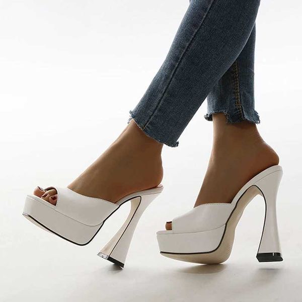 Elbise Ayakkabı Süper Yüksek Topuk Sandalet Kadın Yaz Platformu 13cm Peep Toe Seksi Terlik Kare Topuklar H240430 için Açık Tasarım