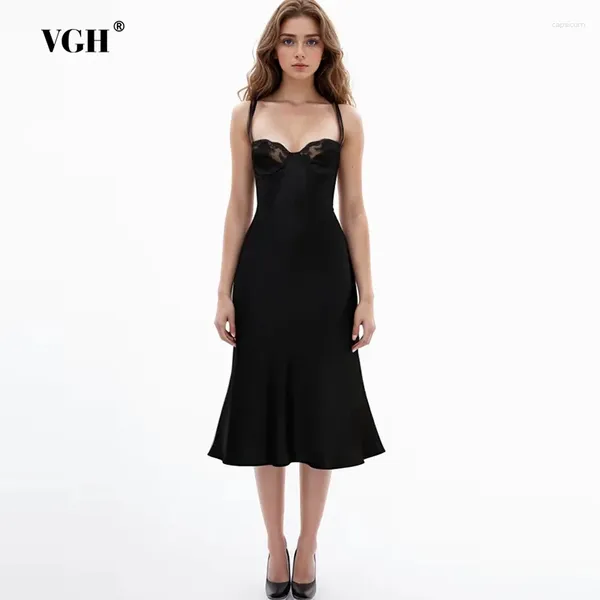 Vestidos casuais VGH Solid Patchwork Lace Camisole para Women Square Collar Collar Sleeseless High Spliced Zipper Slimming Dress feminino