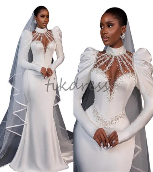 Vestidos de noiva de mulheres negras de sereia caras com miçangas de pescoço alto de manga prolongada países de tamanho de noiva 2024 Nigéria Igreja Africana Robe de noiva de Mariage