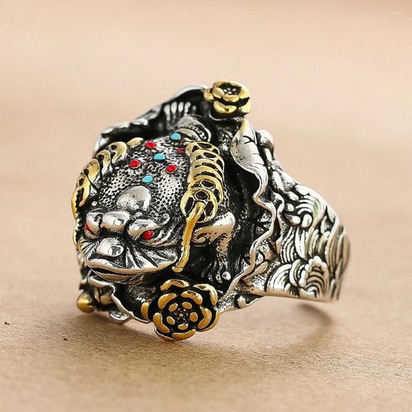 Кластерные кольца китайская золотая жаба медная монета регулируется для женщин, мужчины, фэн -шуй амулет, открытые пальчи