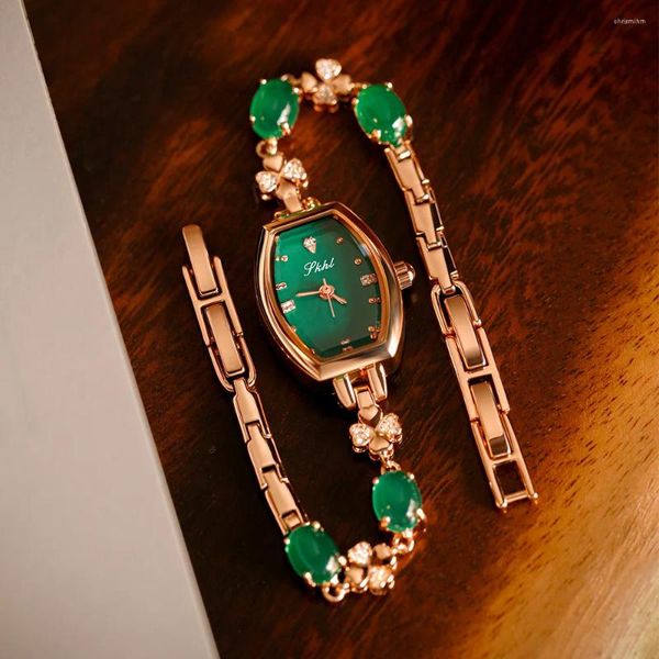 Armbanduhr Damen Light Luxury Watch Marke Jade Green Bracelet Wine Eimer Zifferblatt Vintage Elegant Clock Reloj v135