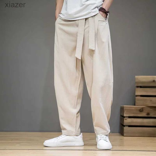 Calças de linho de algodão da primavera de jeans masculinos homens da cintura elástica harema casual calça solta solteiro de moletom tradicional de calça chinesa